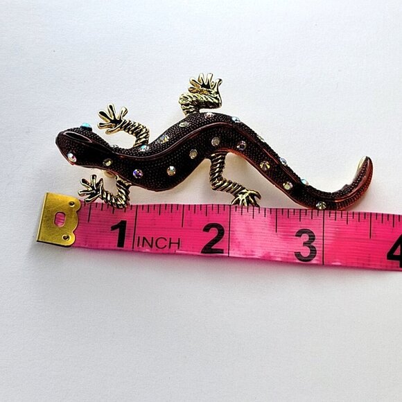 Gold Tone Lucite Aurora Crystal Lizard/Gecko Pin/Brooch - Picture 7 of 14
